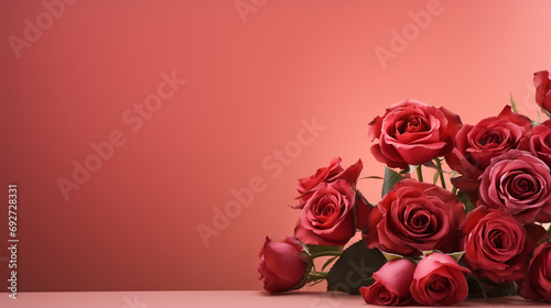 Aesthetic arrangement of red roses against a soft pale red surface, creating a visually stunning and romantic image with copyspace,