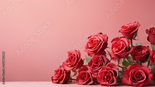 Aesthetic arrangement of red roses against a soft pale red surface, creating a visually stunning and romantic image with copyspace,