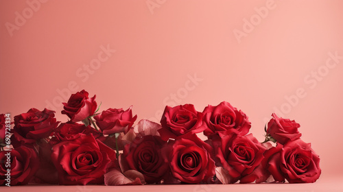 Aesthetic arrangement of red roses against a soft pale red surface, creating a visually stunning and romantic image with copyspace,