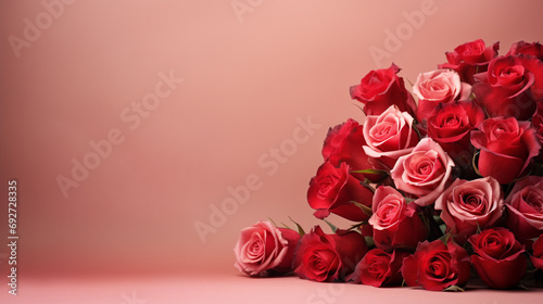 Aesthetic arrangement of red roses against a soft pale red surface, creating a visually stunning and romantic image with copyspace,