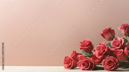 Aesthetic arrangement of red roses against a soft pale red surface, creating a visually stunning and romantic image with copyspace