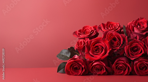 Aesthetic arrangement of red roses against a soft pale red surface, creating a visually stunning and romantic image with copyspace,