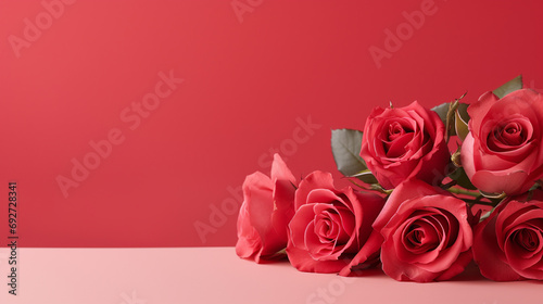 Aesthetic arrangement of red roses against a soft pale red surface, creating a visually stunning and romantic image with copyspace,