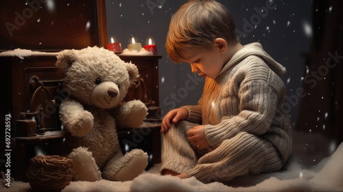 a child's teddy bear drying on a radiator, the composition in a minimalist modern style, focusing on the cozy and sentimental aspects of winter and childhood themes.