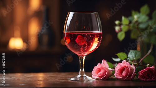 Valentine's Day evening, romantic dinner table setting. Two glass of rose wine, beautiful pink roses candles. Evening is about moments together, shared smiles and glances full of warmth, tenderness photo
