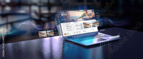 laptop computer screen showing online hotel or resort booking reservation service for vacation and trip stay planner with price and user interface information datum as wide copyspace banner