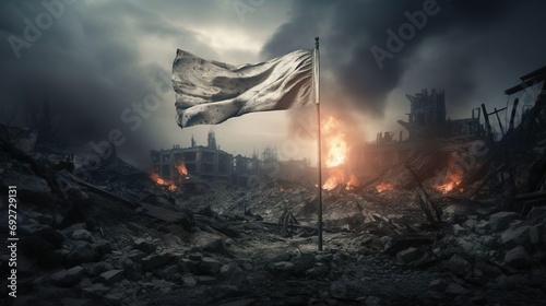 The white flag is a sign of surrender. The army surrenders with a white flag on the background of a destroyed city. Stop war and military attack.
