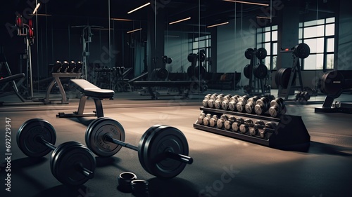 a modern gym with featuring well-arranged gym equipment and dumbbells, emphasizing a minimalist composition.