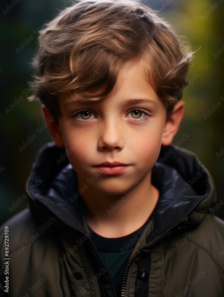 A young boy with green eyes and a jacket. Generative AI. A young boy with green eyes and a jacket. Generative AI.