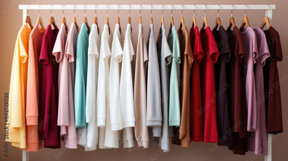 Colorful t-shirts hanging on hangers in a closet. Generative AI.