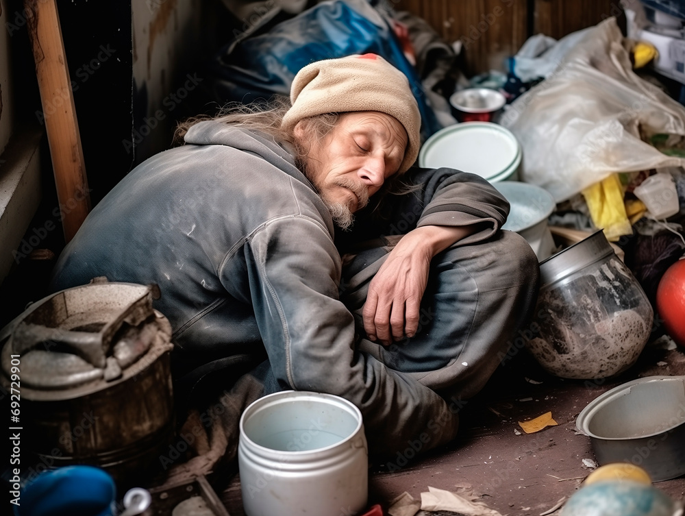 A homeless man with a beard sleeps on the street among boxes and bags of rubbish.