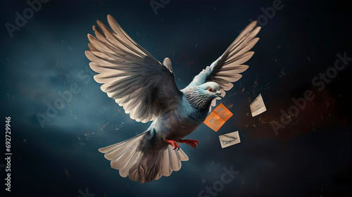 Mail pigeon. White dove delivers messages letters. Carrier pigeon with envelope. Winged delivery service. World peace concept. Flying bird.