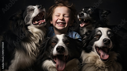 laughing 8 year old kid with their border collies between them, high resolution, 16:9 photo
