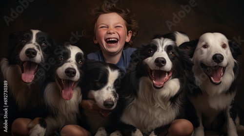 laughing 8 year old kid with their border collies between them, high resolution, 16:9 photo