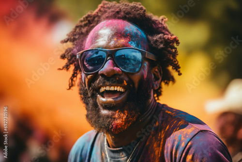 portrait of a man at the Holi festival, bright colors and joyful emotions, happy faces