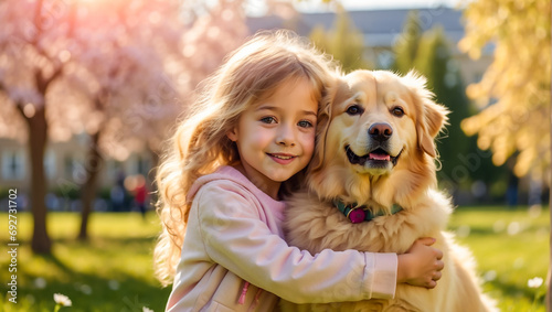 portrait of a friendship little girl hugging a big dog on the lawn, sun