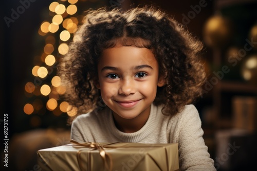 Indian Latino Arabian American young happy child kid smiling home gifts wrapping paper new year christmas present box package girl holiday celebrate evening joyful female portrait surprise childhood © Yuliia