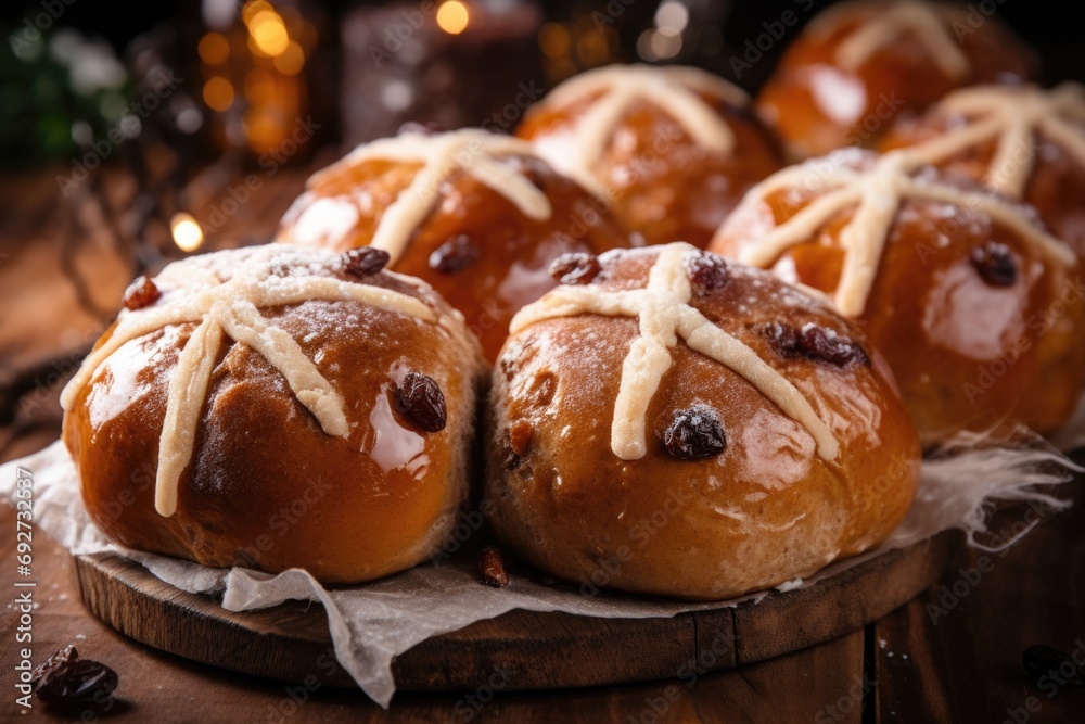 Hot cross buns selection with diverse fillings, elegantly served on a festive occasion Hot cross buns selection with diverse fillings, elegantly served on a festive occasion