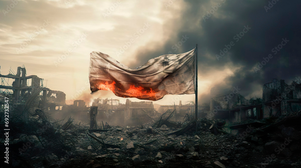 The white flag is a sign of surrender. The army surrenders with a white flag on the background of a destroyed city. Stop war and military attack. - obrazy, fototapety, plakaty 
