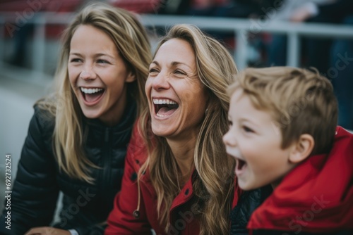 A joyous family, positioned in front of the stadium, shares a moment of genuine excitement and jubilation as they cheer wholeheartedly for their team during the match photo