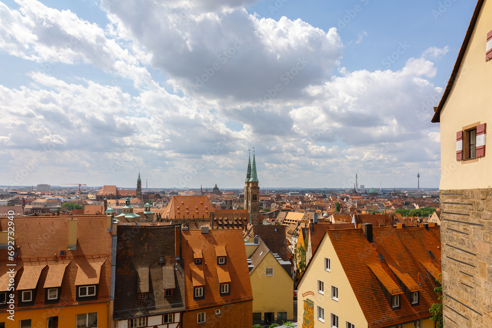 Panoramic aerial view of historic landscape of old city Nuremberg, Nurnberg in Franconia, Bavaria. High quality photo