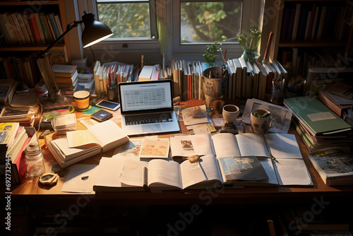 Creative Chaos: Daytime Snapshot of a Productive Messy Desk, Overflowing with Books, Laptop, and Papers by a Sunlit Window