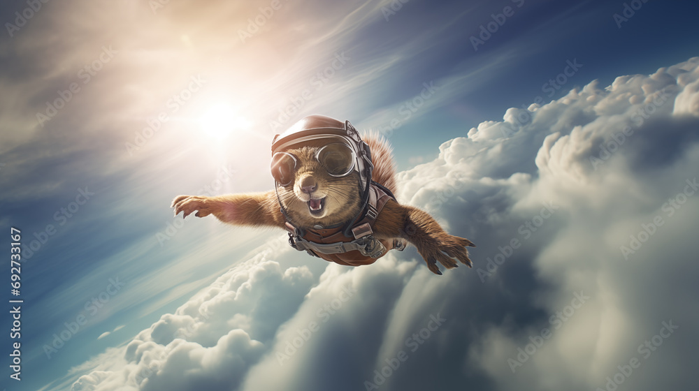 AI generated illustration of a cute squirrel flying through the air with pilot goggles - obrazy, fototapety, plakaty 