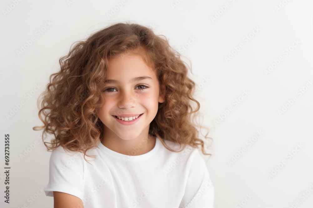 Portrait of a smiling little girl with curly hair on a white background Portrait of a smiling little girl with curly hair on a white background