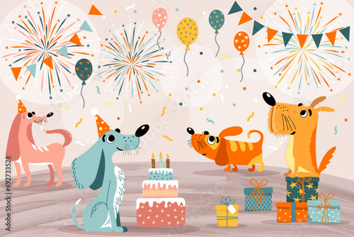 Vector children's illustration with dogs celebrating birthday. Concept of holiday, celebration, dogs. Suitable for illustrating books, wallpaper, prints, children's products
