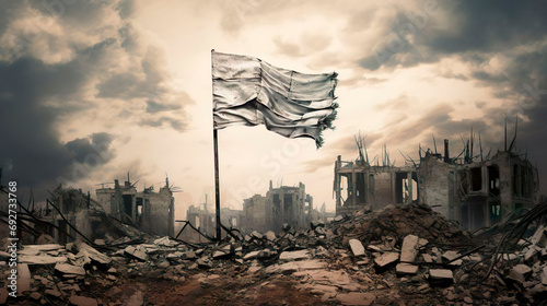 The white flag is a sign of surrender. The army surrenders with a white flag on the background of a destroyed city. Stop war and military attack. photo