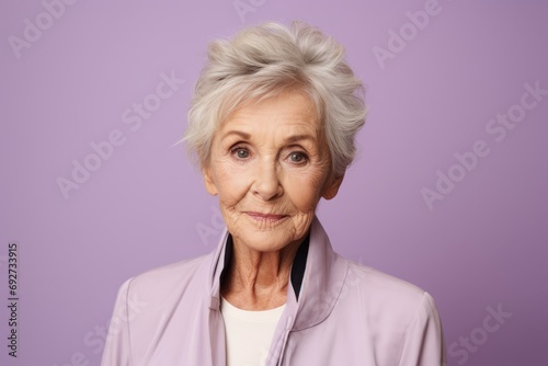 Portrait of senior woman with grey hair on violet background. Looking at camera.