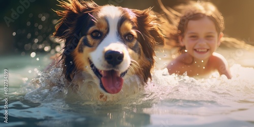little girl enjoying playing in water with a dog, generative AI © VALUEINVESTOR