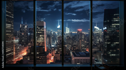 Fototapeta Naklejka Na Ścianę i Meble -  Background of a cityscape skyline showing the city with bright lights out of a modern window