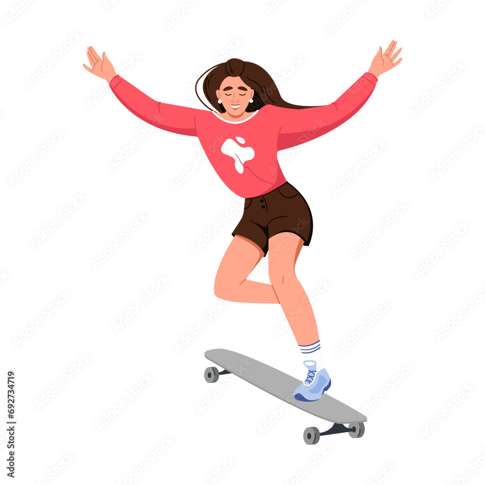 A young girl rides a skateboard, jumps and performs tricks. Urban sports. Vector flat illustration isolated on a white background A young girl rides a skateboard, jumps and performs tricks. Urban sports. Vector flat illustration isolated on a white background