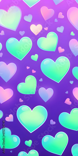 Hearts in various shades of green floating on a purple background