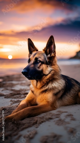 German shepherd dog on the beach at sunset. © rob3rt82
