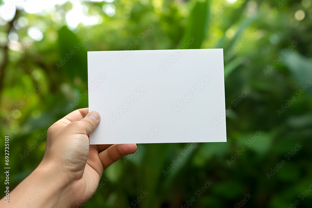 Hand holding a blank white card against a green foliage background Hand holding a blank white card against a green foliage background