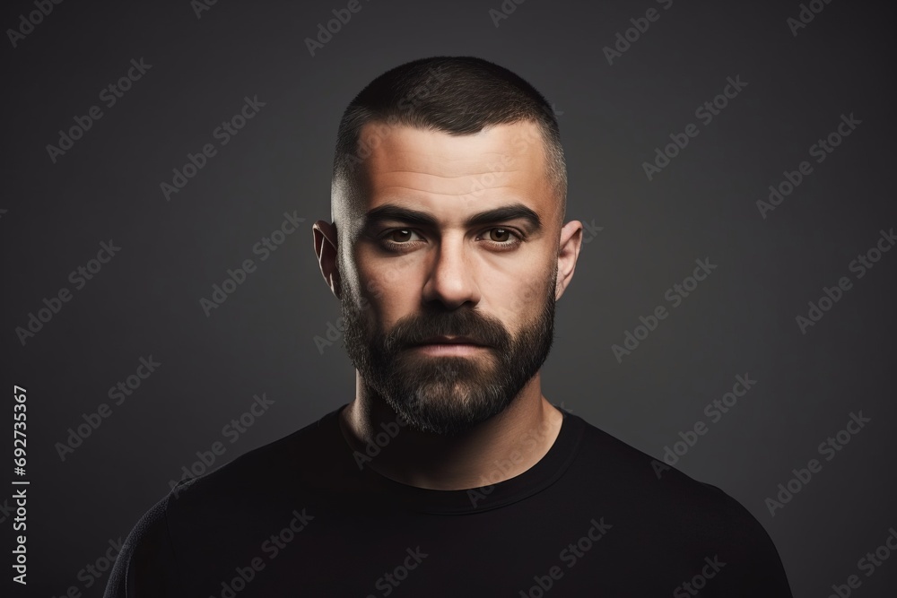 Portrait of a handsome bearded man over dark background. Men's beauty, fashion.