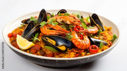 Delicious Spanish Seafood Paella on White Background AI Generated