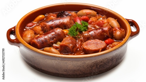 Delicious Spanish Fabada Asturiana Bean and Sausage Stew on White Background AI Generated photo