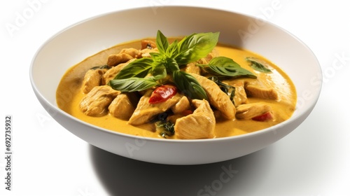 Delicious Thai Yellow Curry with Chicken on White Background AI Generated
