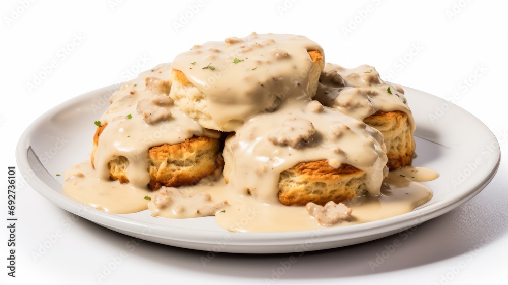 Delicious American Biscuits and Gravy on White Background AI Generated