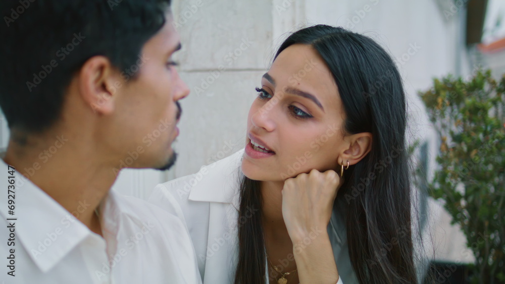 Romantic couple talking street date closeup. Lovely pair felling happy together Romantic couple talking street date closeup. Lovely pair felling happy together