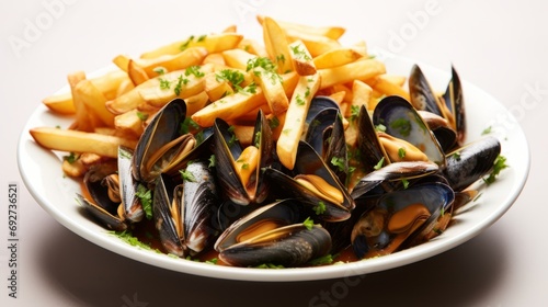 Delicious Belgian Moules Frites: Mussels with Fries on White Background AI Generated