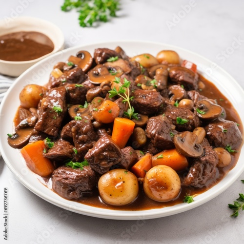Delicious French Beef Bourguignon on White Background AI Generated