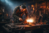 Swordsmith's workshop, skilled hands crafting a sword, molten metal pouring into a mold, sparks in the air, the artistry of blade-making.