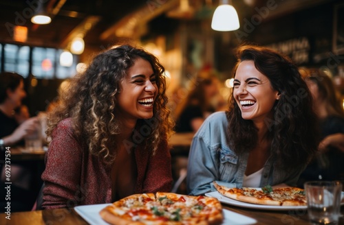 two women laughing with pizza at a restaurant