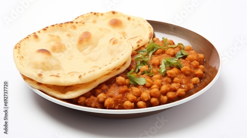 Delicious plate of Indian chole bhature with spicy chickpeas and fried bread on white background AI Generated photo
