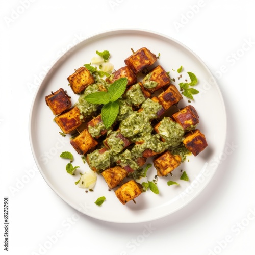 Delicious Indian Paneer Tikka with Mint Chutney on White Background AI Generated