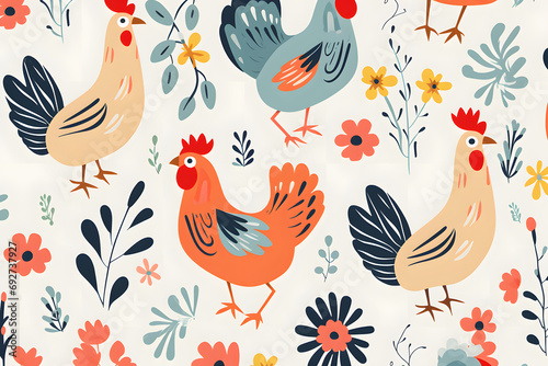 Colorful chicken and flower pattern on white background